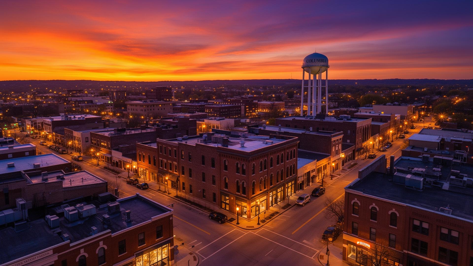 Downtown Columbia, Missouri at sunset